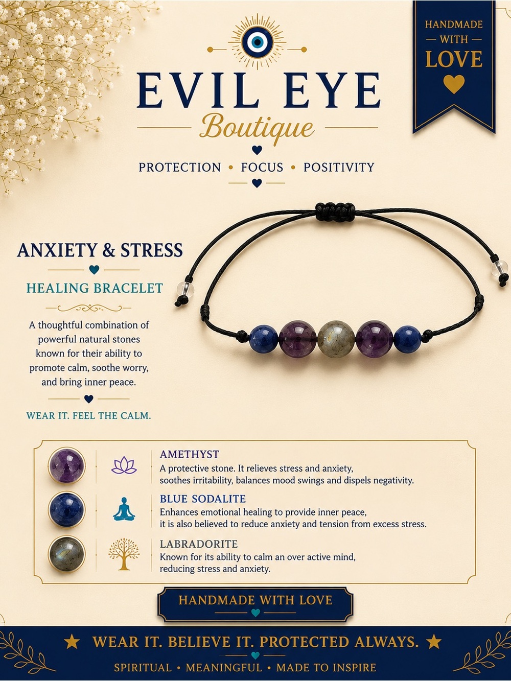 Amethyst, Blue Sodalite & Labradorite Healing Bracelet - Black Cord
